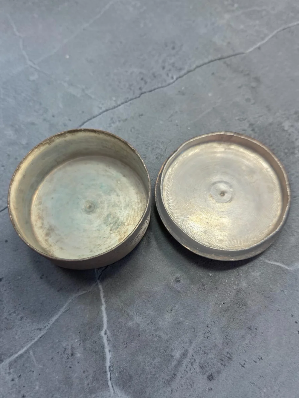 Vintage Persian Miniature Trinket Box Silver Plated Brass Mother of Pearl Lid